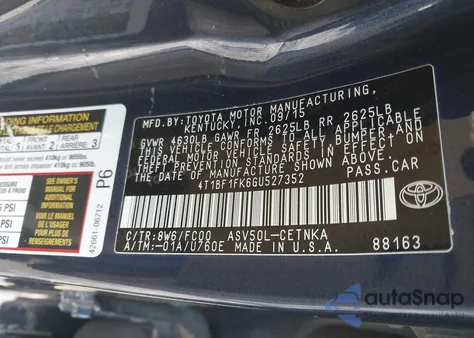 2016 Toyota Camry Le from USA, damaged, VIN 4T1BF1FK6GU527352